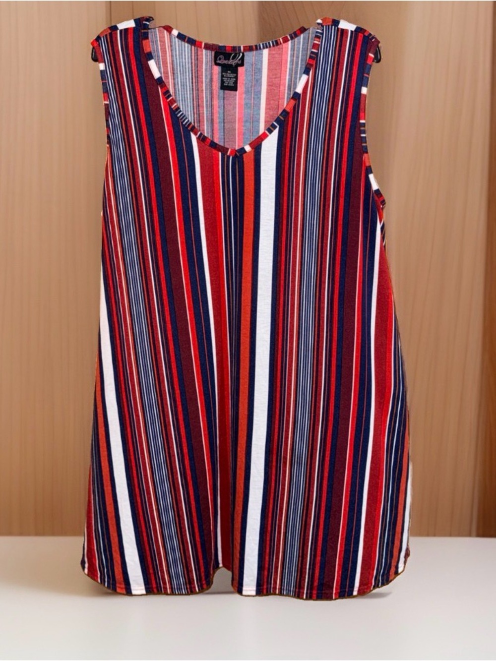 Questions Striped Sleeveless V-Neck Knit Midi Dress in Red, Navy & White-3X-GC